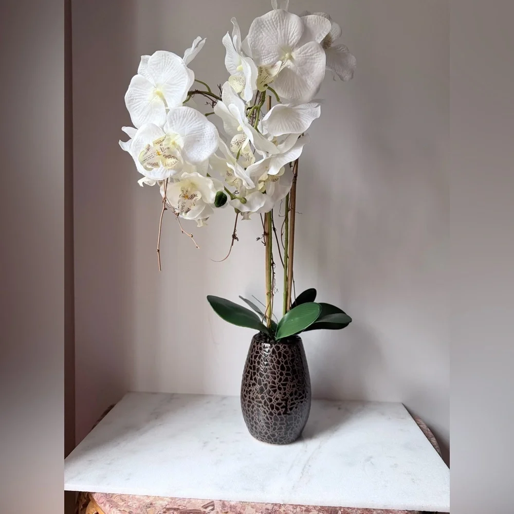 artificial white Phalaenopsis orchid arrangement in a brown textured vase 27”….